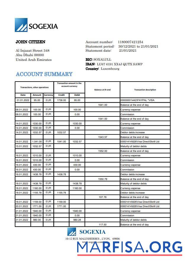 Realistic Luxembourg Sogexia bank statement excel example